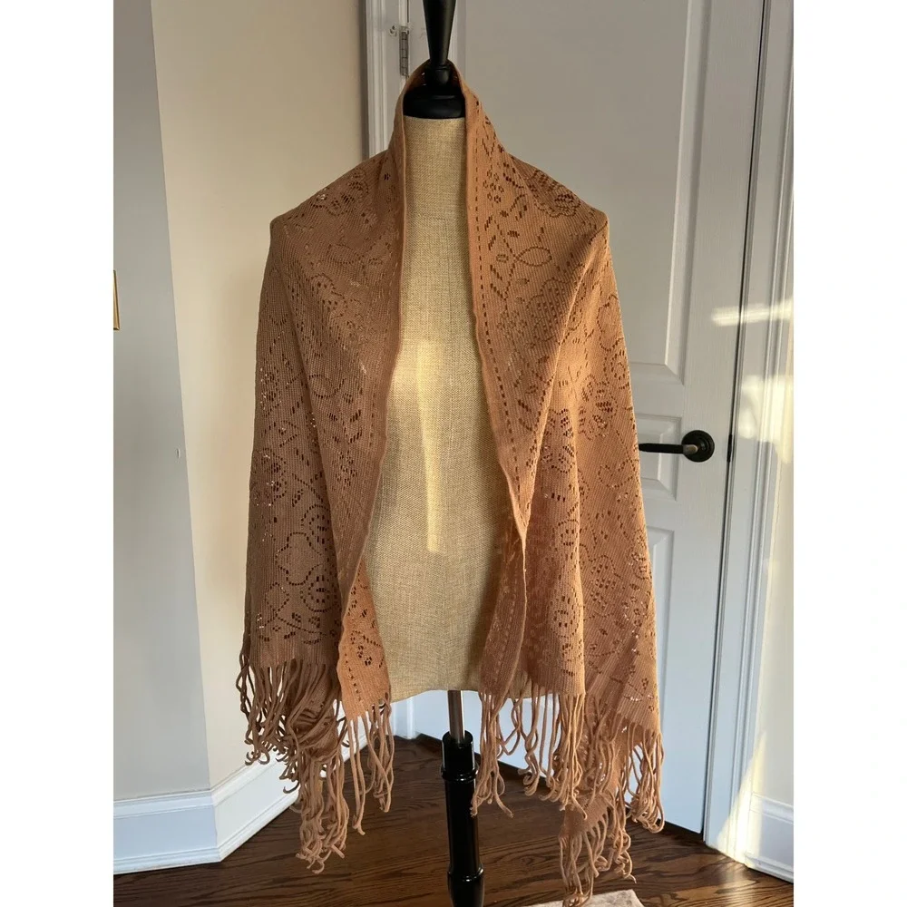 Elegant Tan Light Knit Scarf Shawl Wrap Fringe‎ Boho Festival Accessory